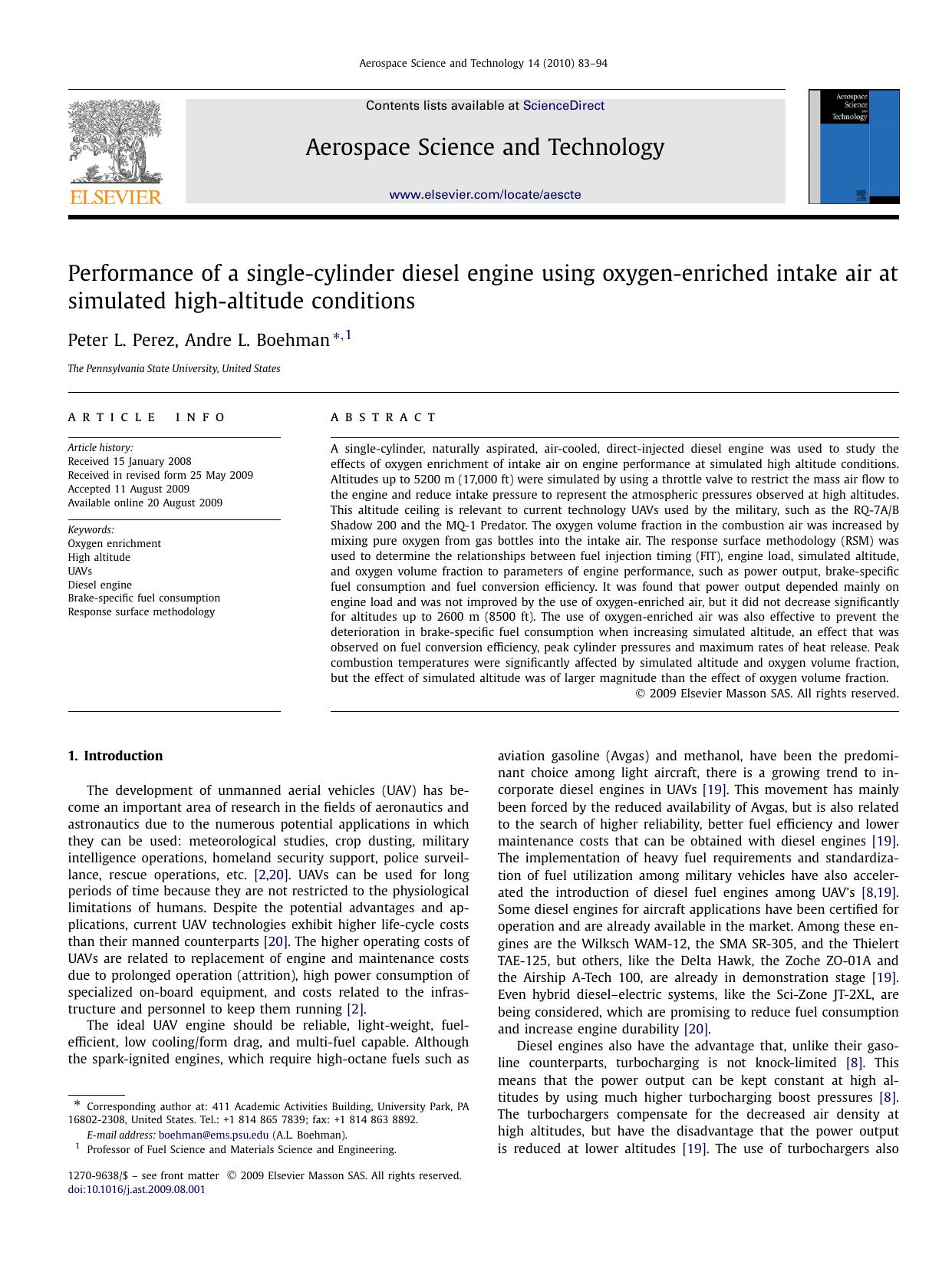 Performance of a single-cylinder diesel engine using oxygen-enriched intake air at simulated high-altitude conditions by Peter L. Perez; Andre L. Boehman