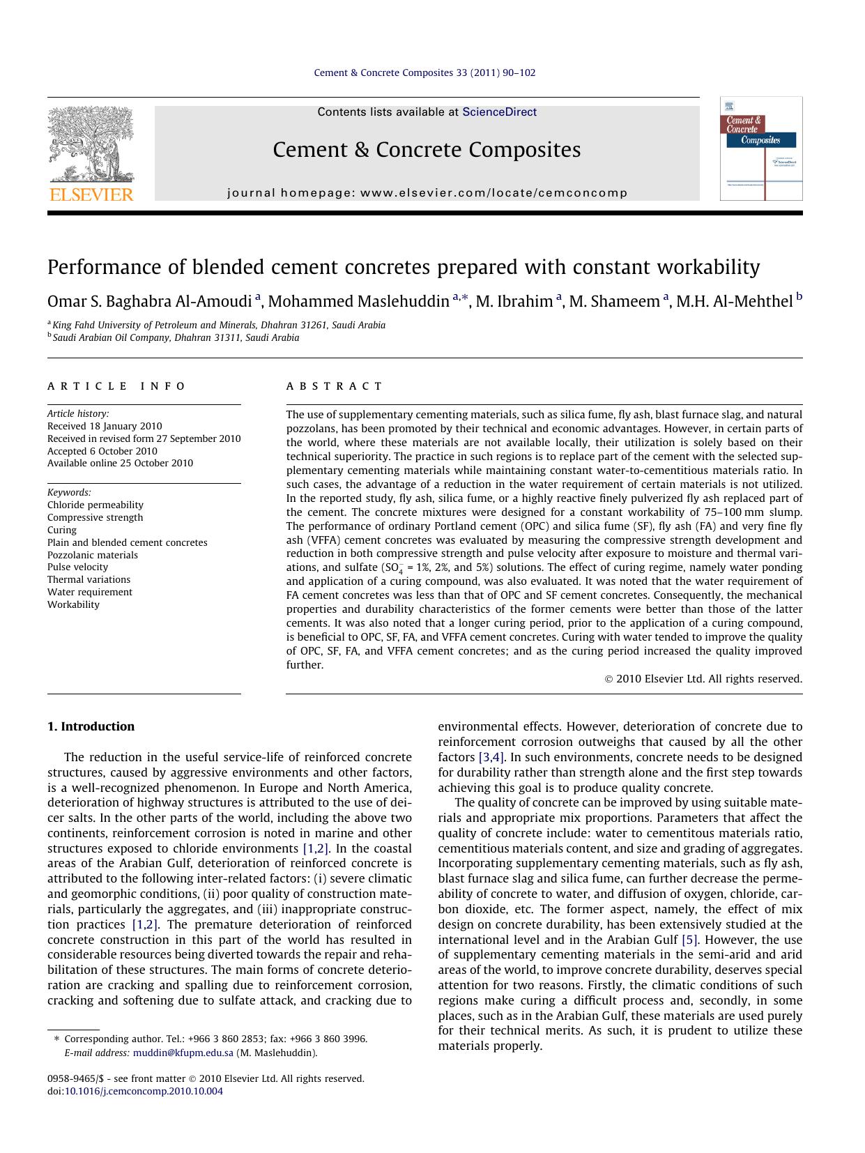 Performance of blended cement concretes prepared with constant workability by Omar S. Baghabra Al-Amoudi & Mohammed Maslehuddin & M. Ibrahim & M. Shameem & M.H. Al-Mehthel