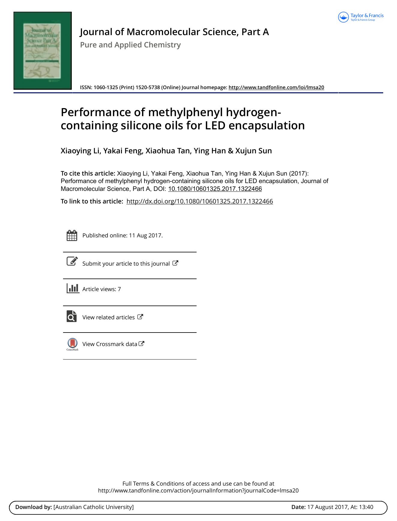 Performance of methylphenyl hydrogen-containing silicone oils for LED encapsulation by Xiaoying Li & Yakai Feng & Xiaohua Tan & Ying Han & Xujun Sun