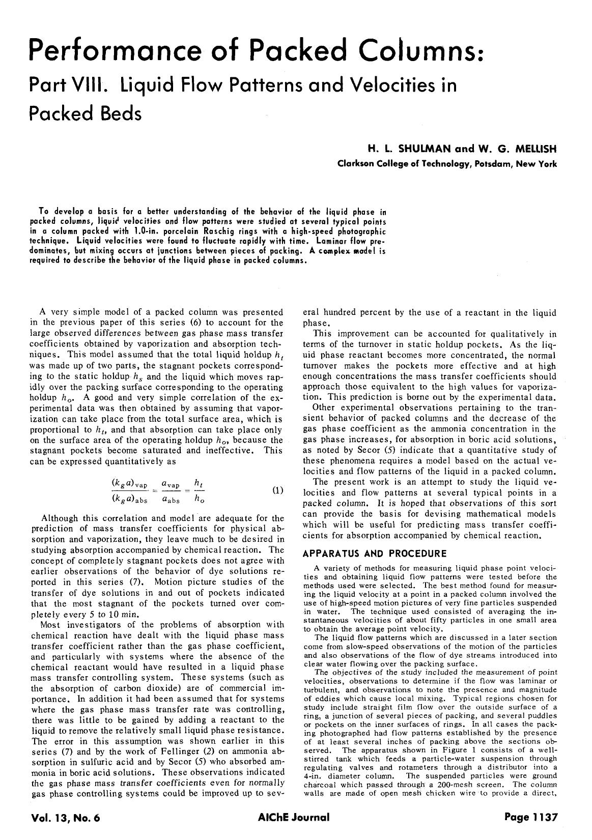 Performance of packed columns: Part VIII. Liquid flow patterns and velocities in packed beds by Unknown