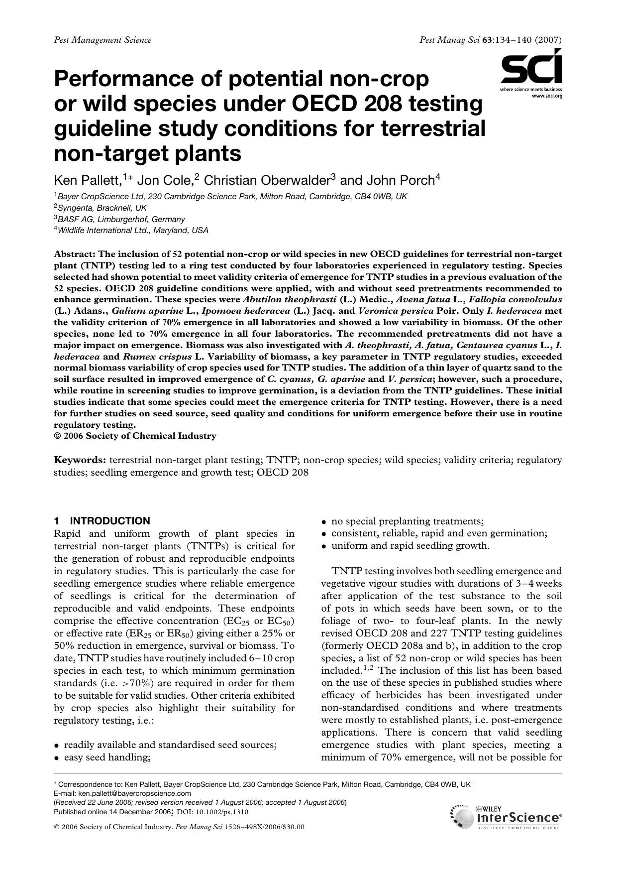 Performance of potential non-crop or wild species under OECD 208 testing guideline study conditions for terrestrial non-target plants by Unknown