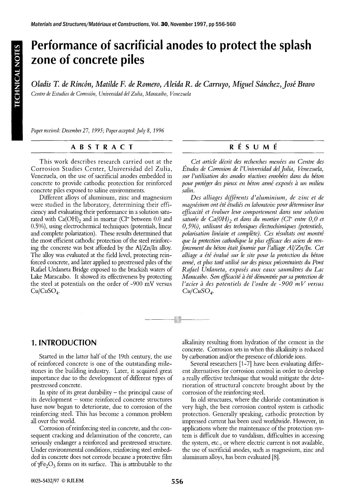 Performance of sacrificial anodes to protect the splash zone of concrete piles by Unknown