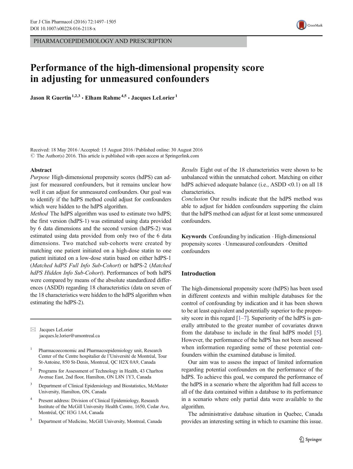 Performance of the high-dimensional propensity score in adjusting for unmeasured confounders by Jason R Guertin & Elham Rahme & Jacques LeLorier