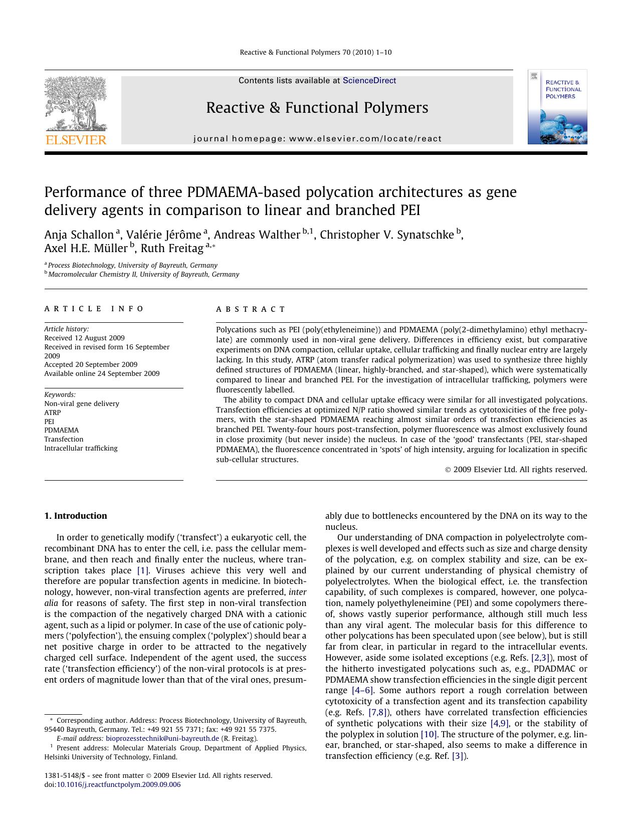 Performance of three PDMAEMA-based polycation architectures as gene delivery agents in comparison to linear and branched PEI by unknow
