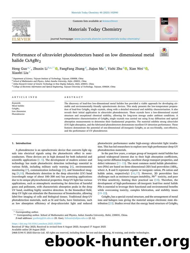Performance of ultraviolet photodetectors based on low dimensional metal halide CsAgBr2 by Heng Guo & Zhuxin Li & FangFang Zhang & Jiajun Ma & Yizhi Zhu & Xian Wei & Xiaofei Liu
