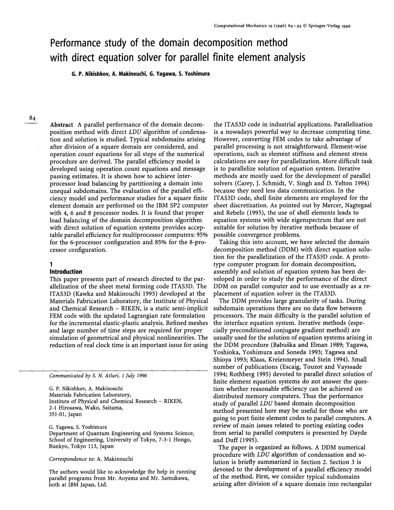 Performance study of the domain decomposition method with direct equation solver for parallel finite element analysis by Unknown