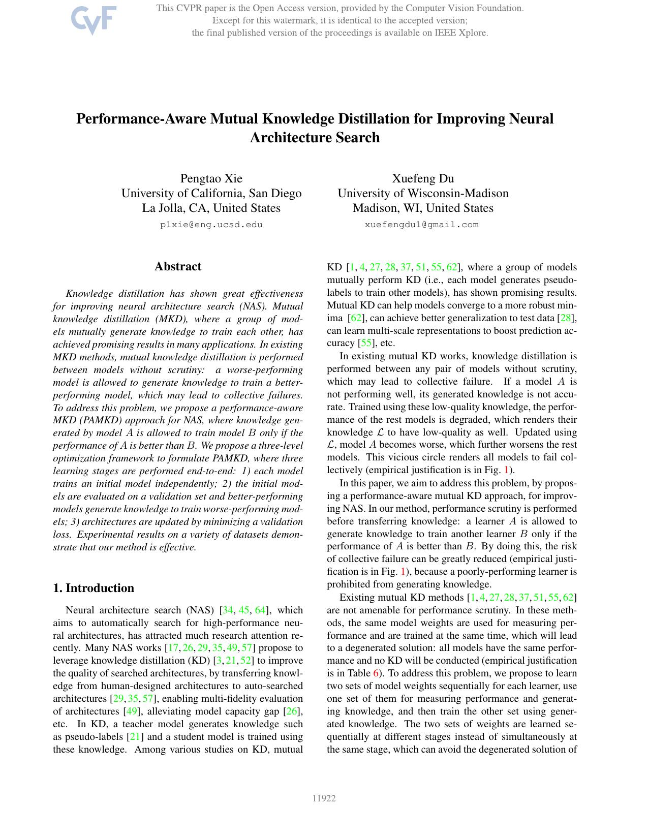 Performance-Aware Mutual Knowledge Distillation for Improving Neural Architecture Search by Pengtao Xie & Xuefeng Du