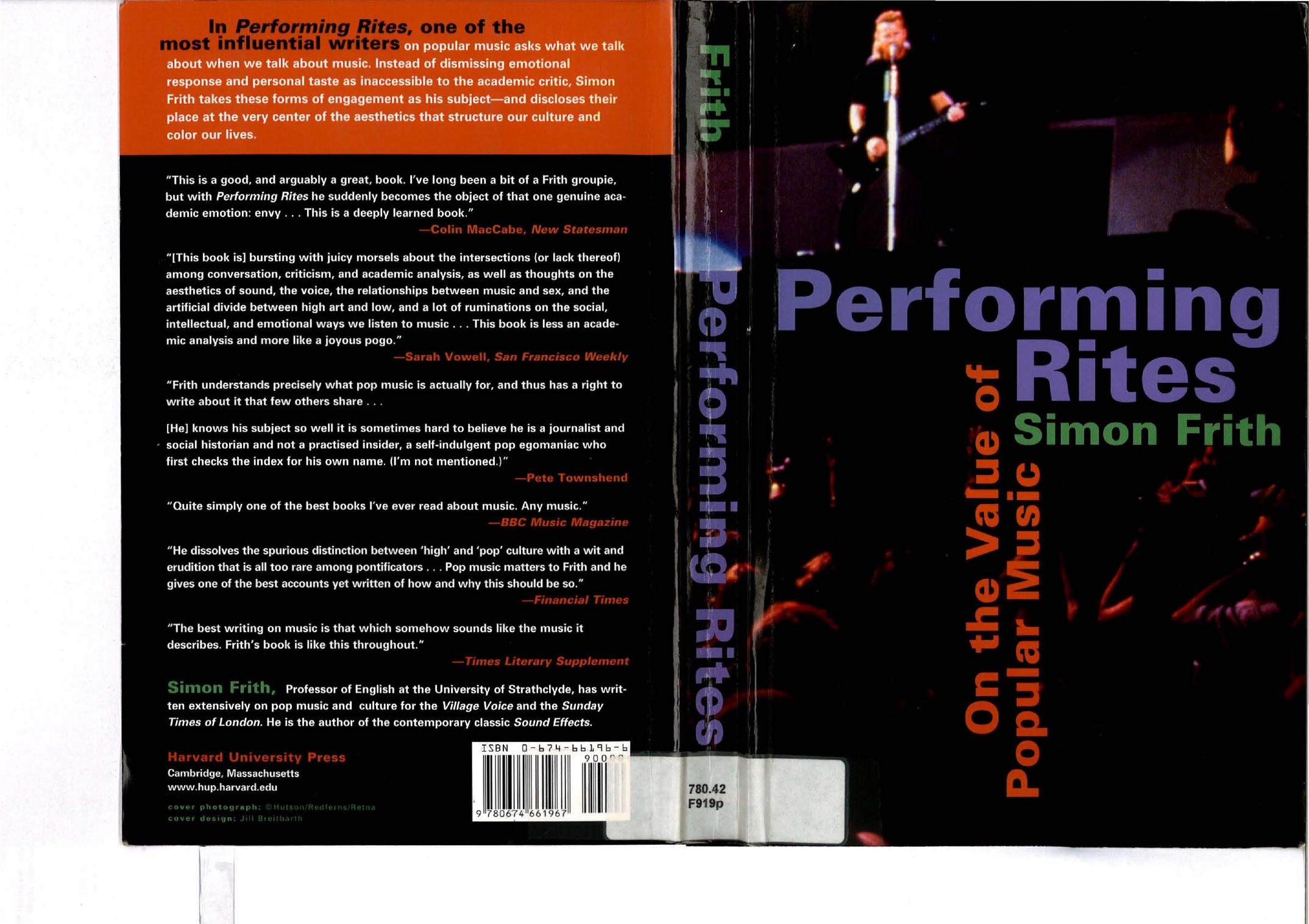 Performing Rites: On the Value of Popular Music by Simon Frith