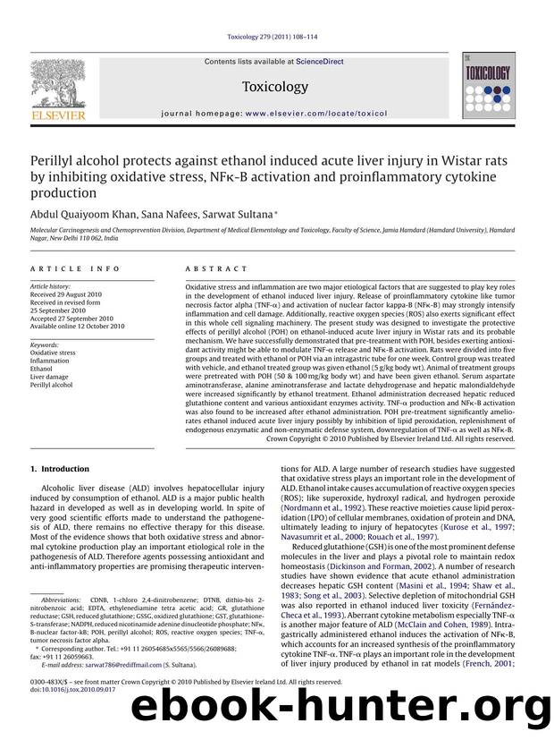 Perillyl alcohol protects against ethanol induced acute liver injury in Wistar rats by inhibiting oxidative stress, NFÃÂº-B activation and proinflammatory cytokine production by Abdul Quaiyoom Khan