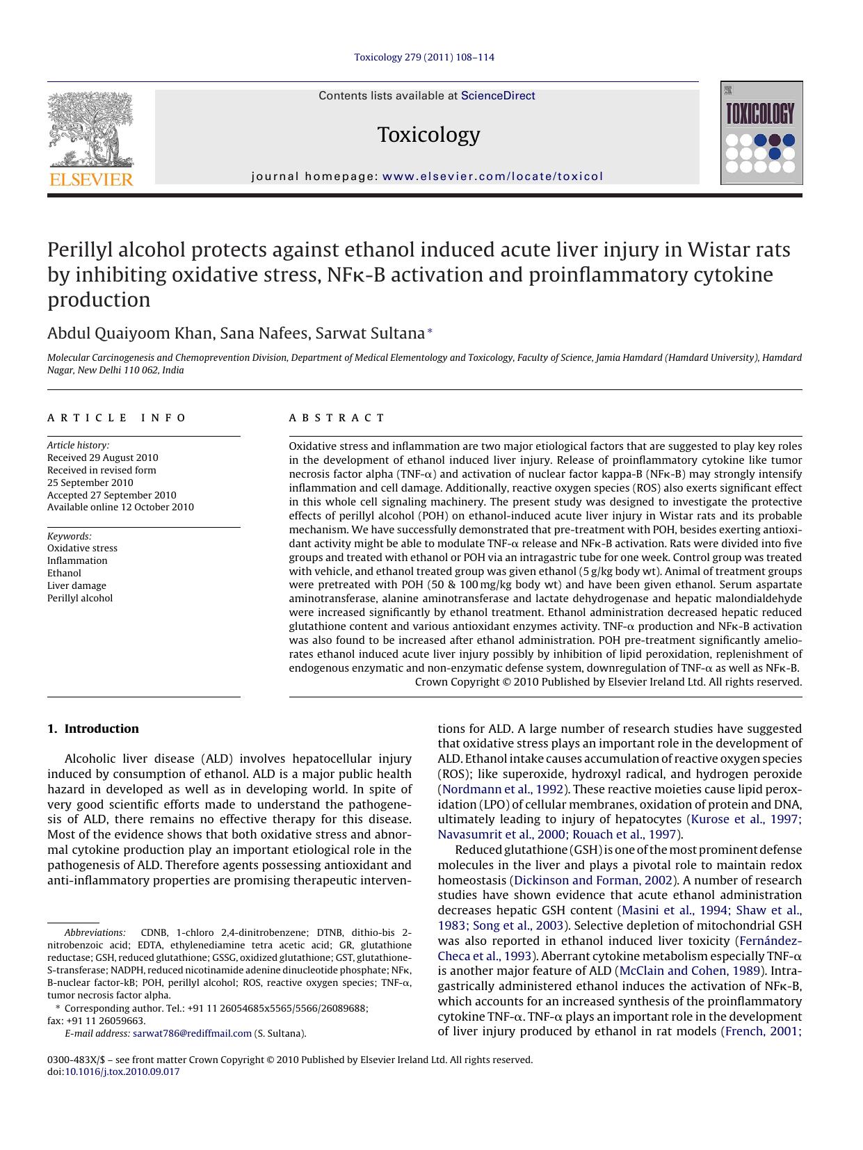 Perillyl alcohol protects against ethanol induced acute liver injury in Wistar rats by inhibiting oxidative stress, NFÎº-B activation and proinflammatory cytokine production by Abdul Quaiyoom Khan
