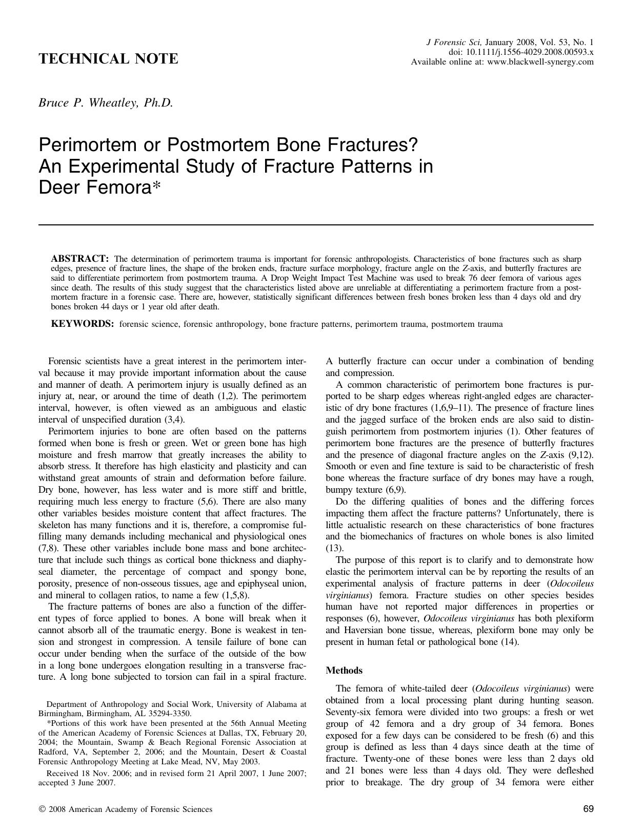 Perimortem or Postmortem Bone Fractures? An Experimental Study of Fracture Patterns in Deer Femora* by Unknown