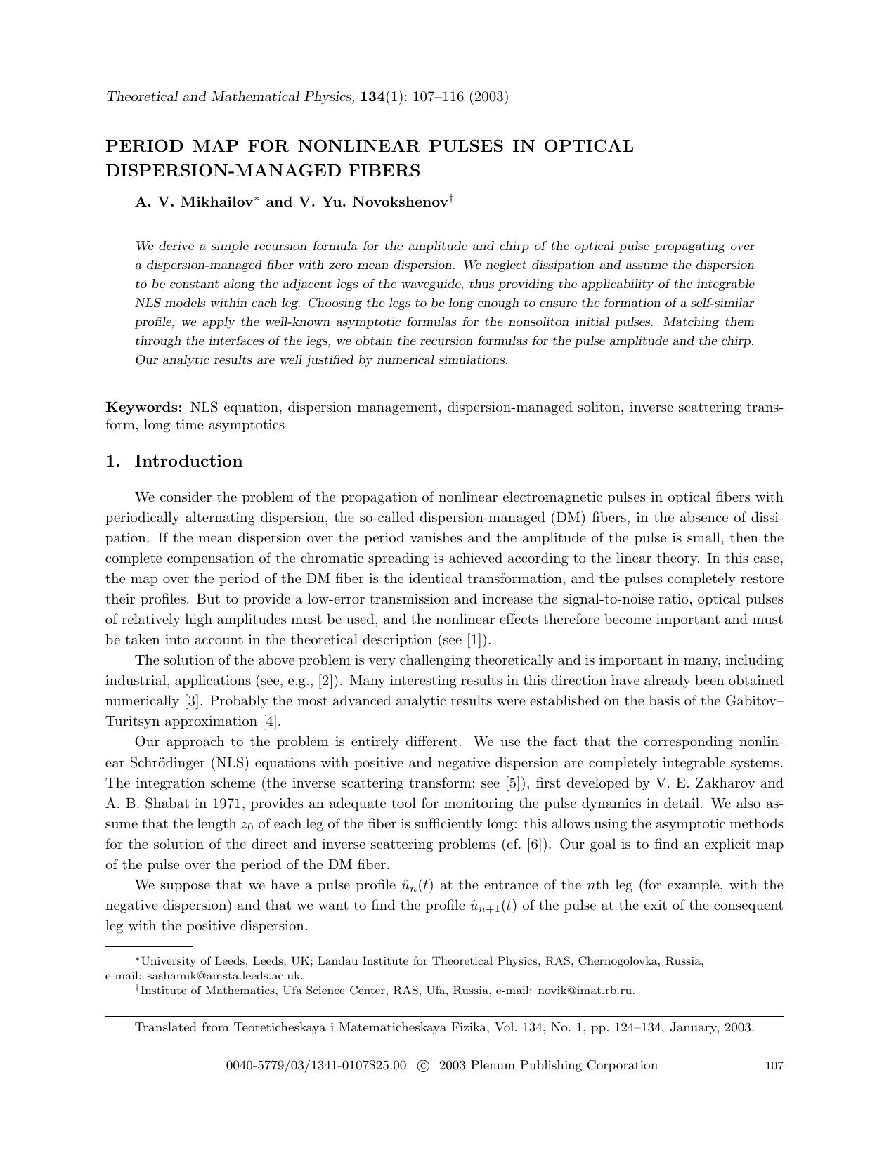 Period Map for Nonlinear Pulses in Optical Dispersion-Managed Fibers by Unknown