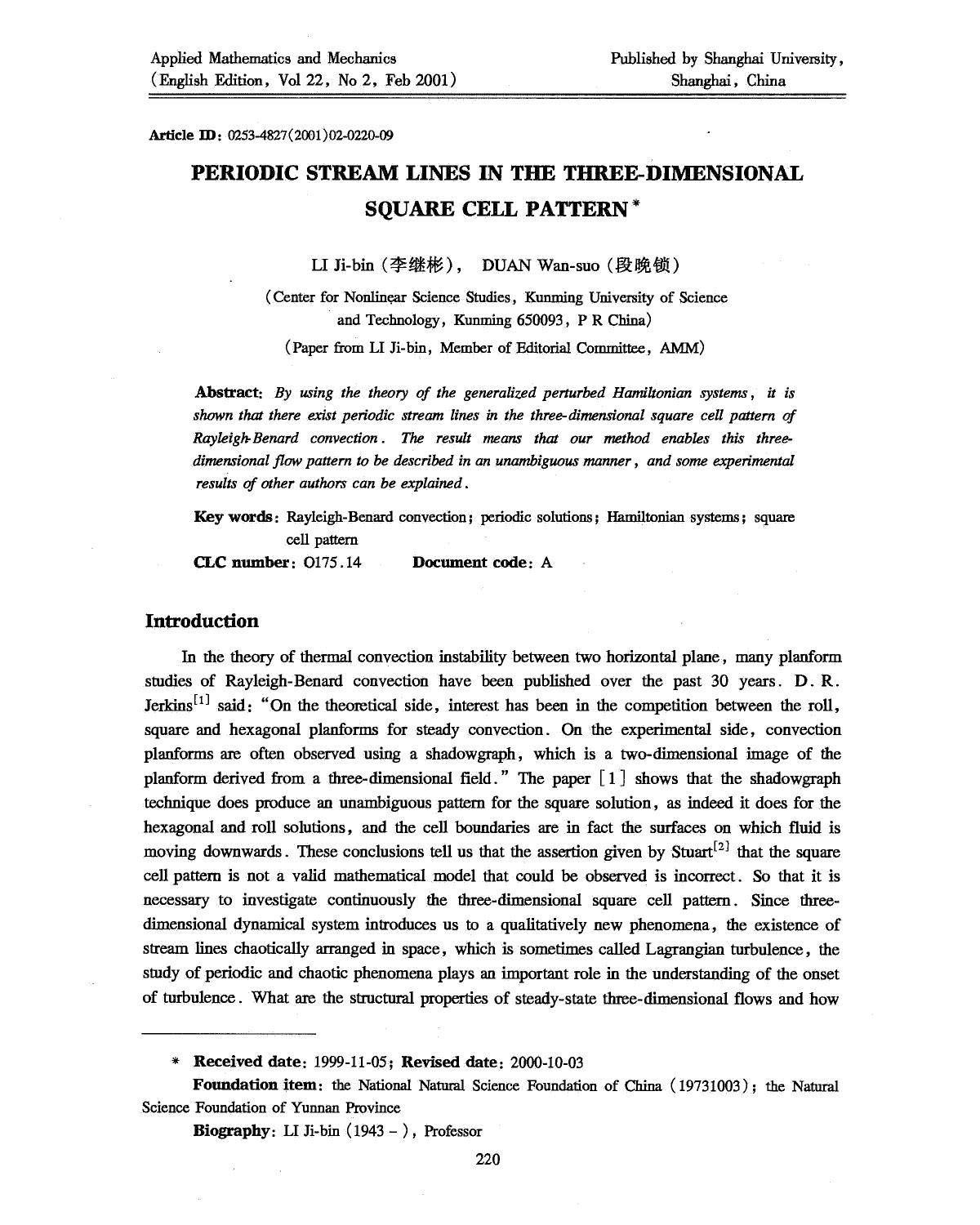 Periodic Stream Lines in the Three-Dimensional Square Cell Pattern by Unknown