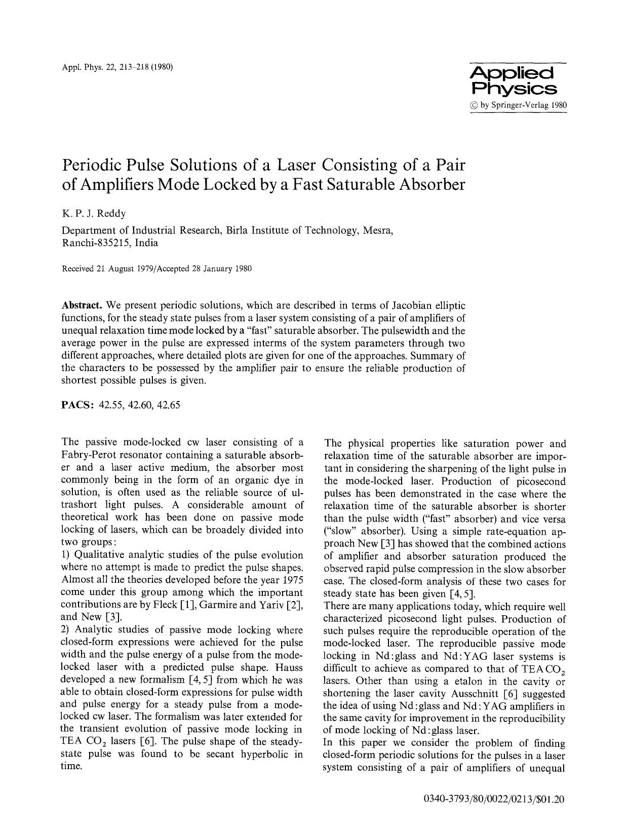 Periodic pulse solutions of a laser consisting of a pair of amplifiers mode locked by a fast saturable absorber by Unknown