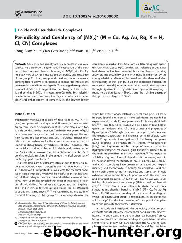 Periodicity and Covalency of [MX2] (M = Cu, Ag, Au, Rg; X = H, Cl, CN) Complexes by Unknown