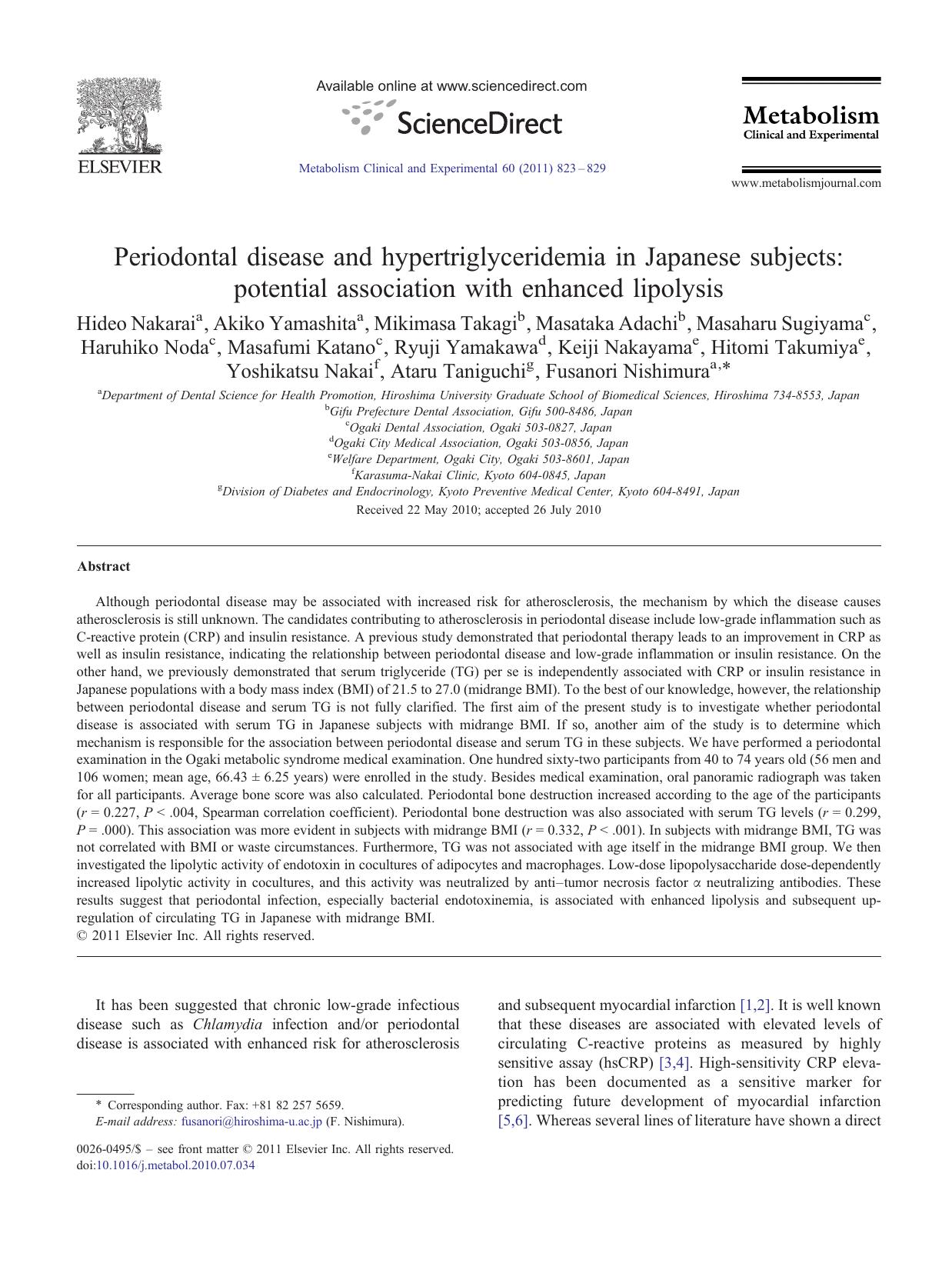 Periodontal disease and hypertriglyceridemia in Japanese subjects: potential association with enhanced lipolysis by unknow