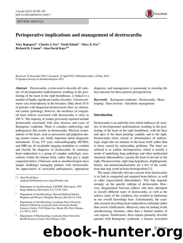 Perioperative implications and management of dextrocardia by Yury Rapoport & Charles J. Fox & Parth Khade & Mary E. Fox & Richard D. Urman & Alan David Kaye