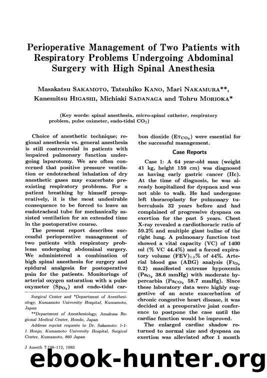 Perioperative management of two patients with respiratory problems undergoing abdominal surgery with high spinal anesthesia by Unknown