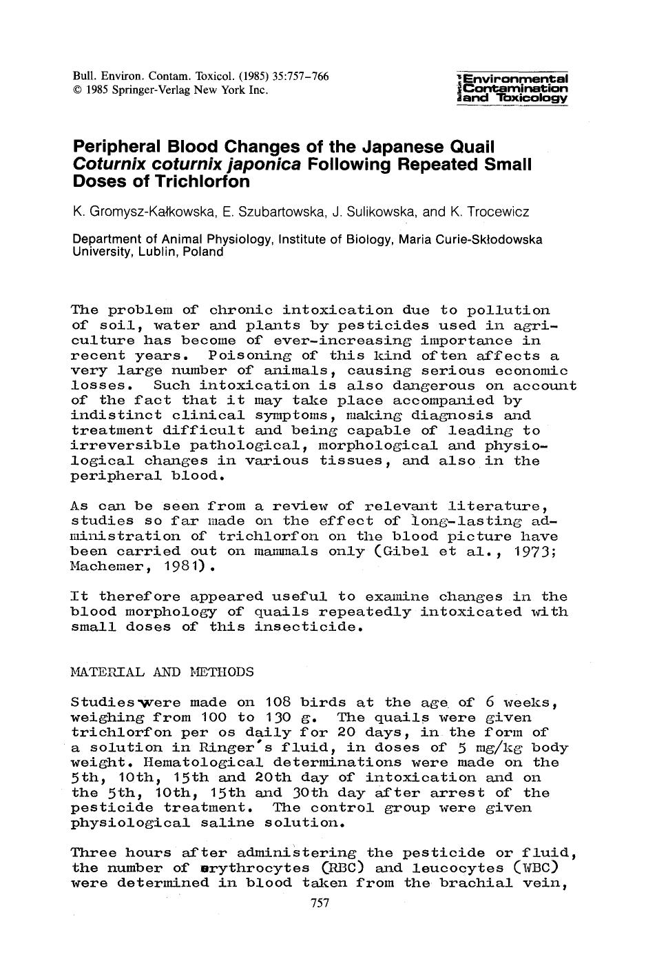 Peripheral blood changes of the Japanese quail <Emphasis Type="Italic">Coturnix coturnix japonica <Emphasis> following repeated small doses of trichlorfon by Unknown