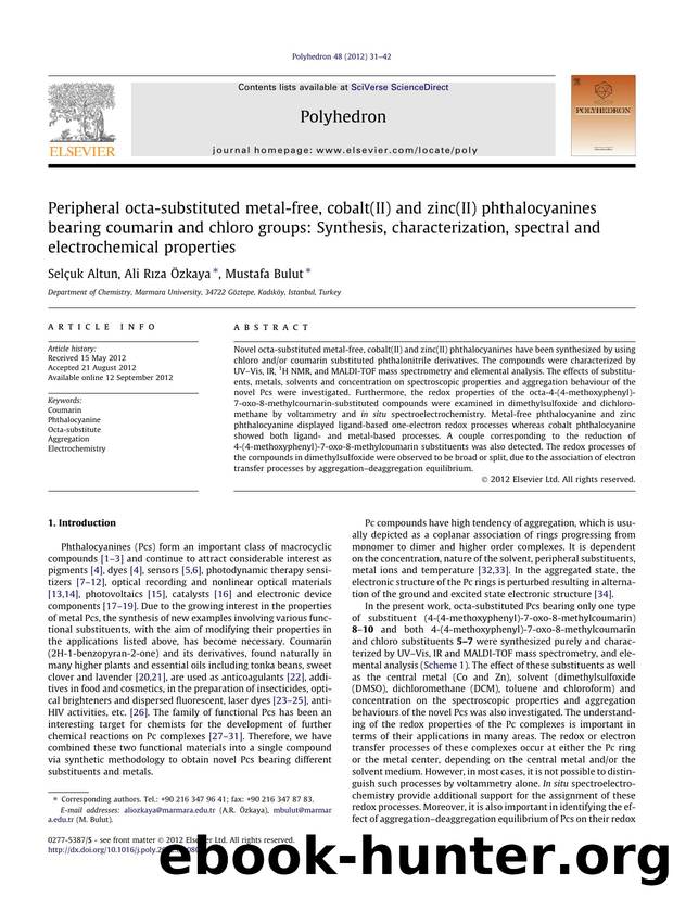 Peripheral octa-substituted metal-free, cobalt(II) and zinc(II) phthalocyanines bearing coumarin and chloro groups: Synthesis, characterization, spectral and electrochemical properties by SelÃ§uk Altun & Ali Rıza Özkaya & Mustafa Bulut