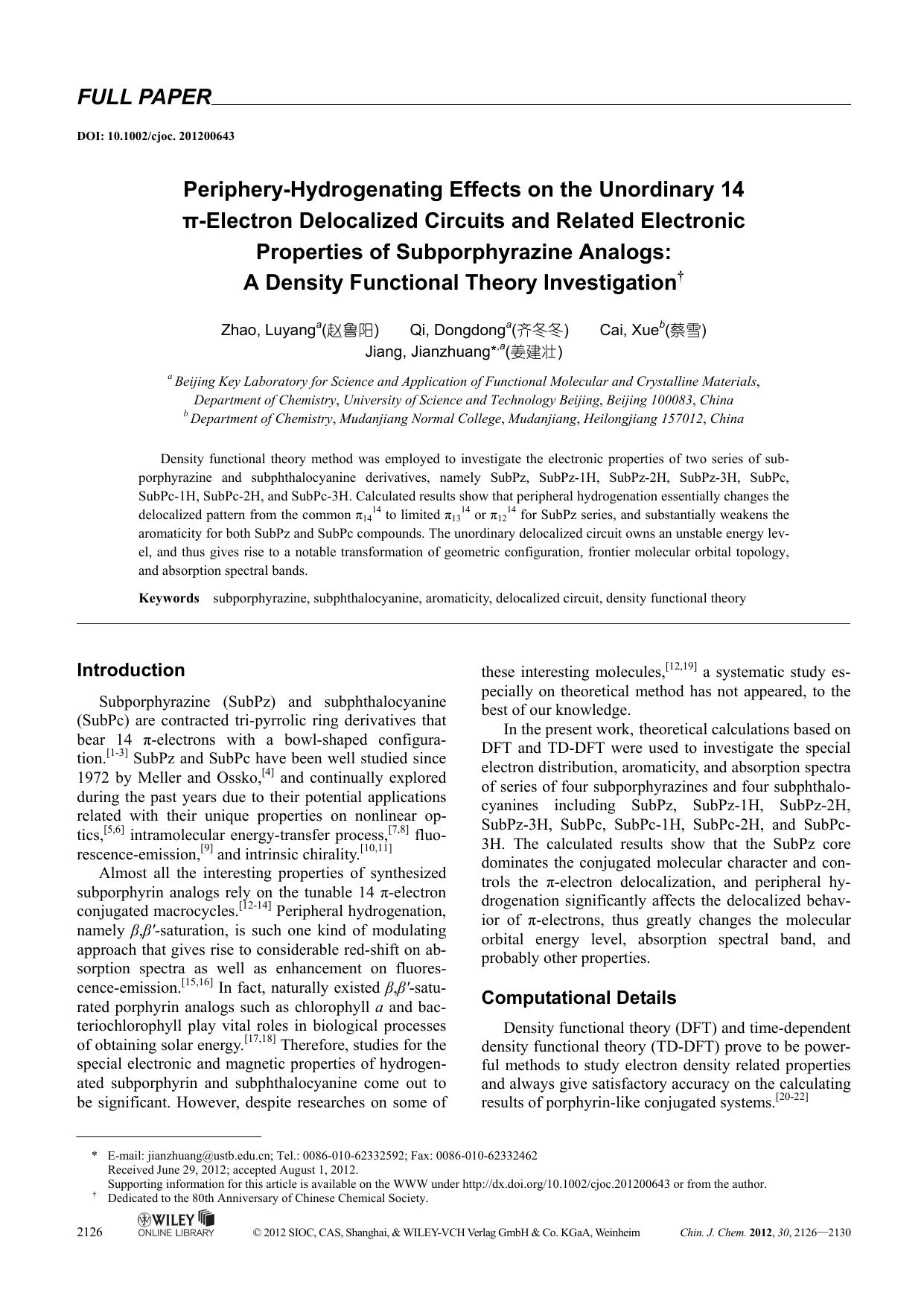 PeripheryHydrogenating Effects on the Unordinary 14 Electron Delocalized Circuits and Related Electronic Properties of Subporphyrazine Analogs: A Density Functional Theory Investigation by uy