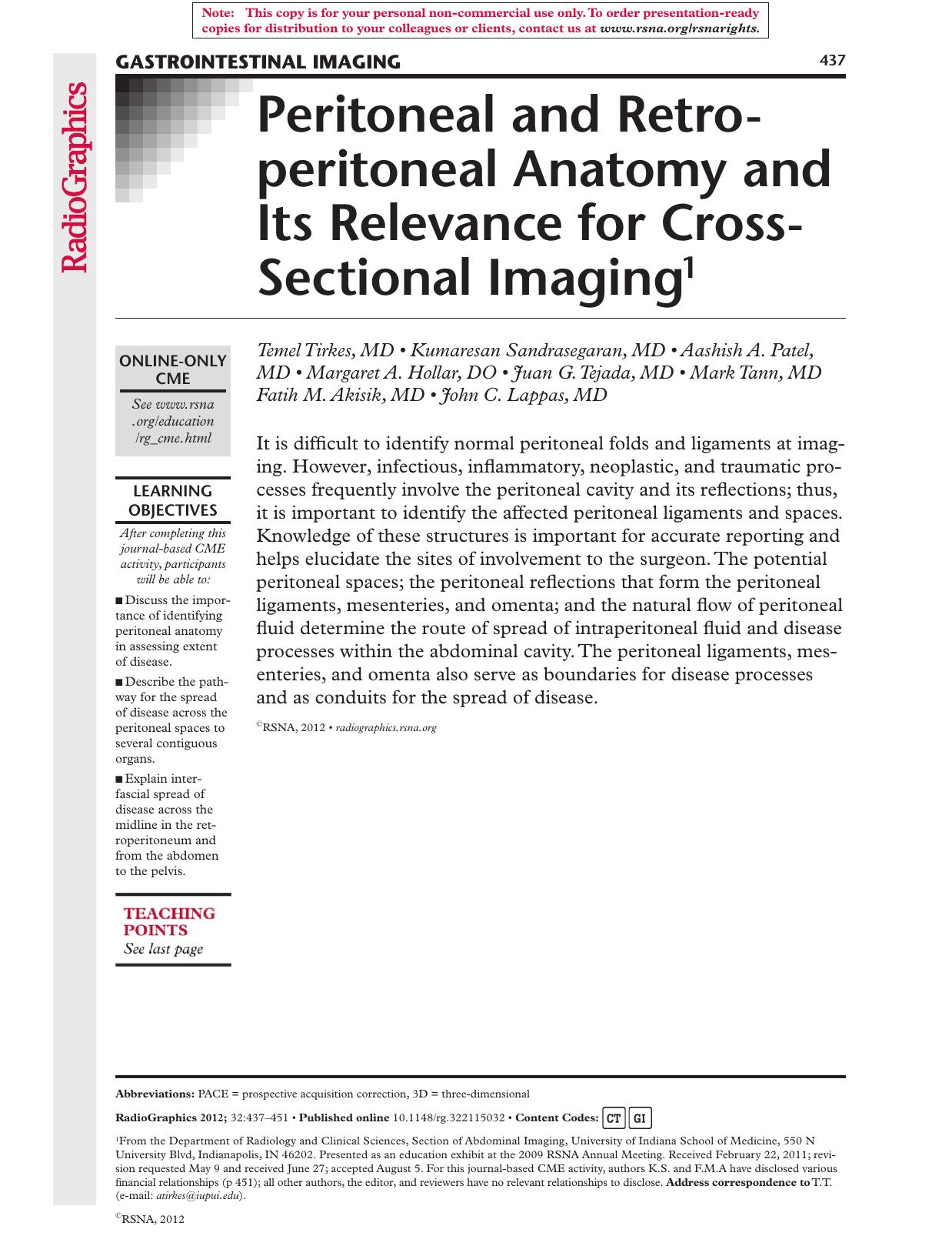 Peritoneal Retro-peritoneal Anatomy and its Relevance for cross-sectional imaging by Unknown