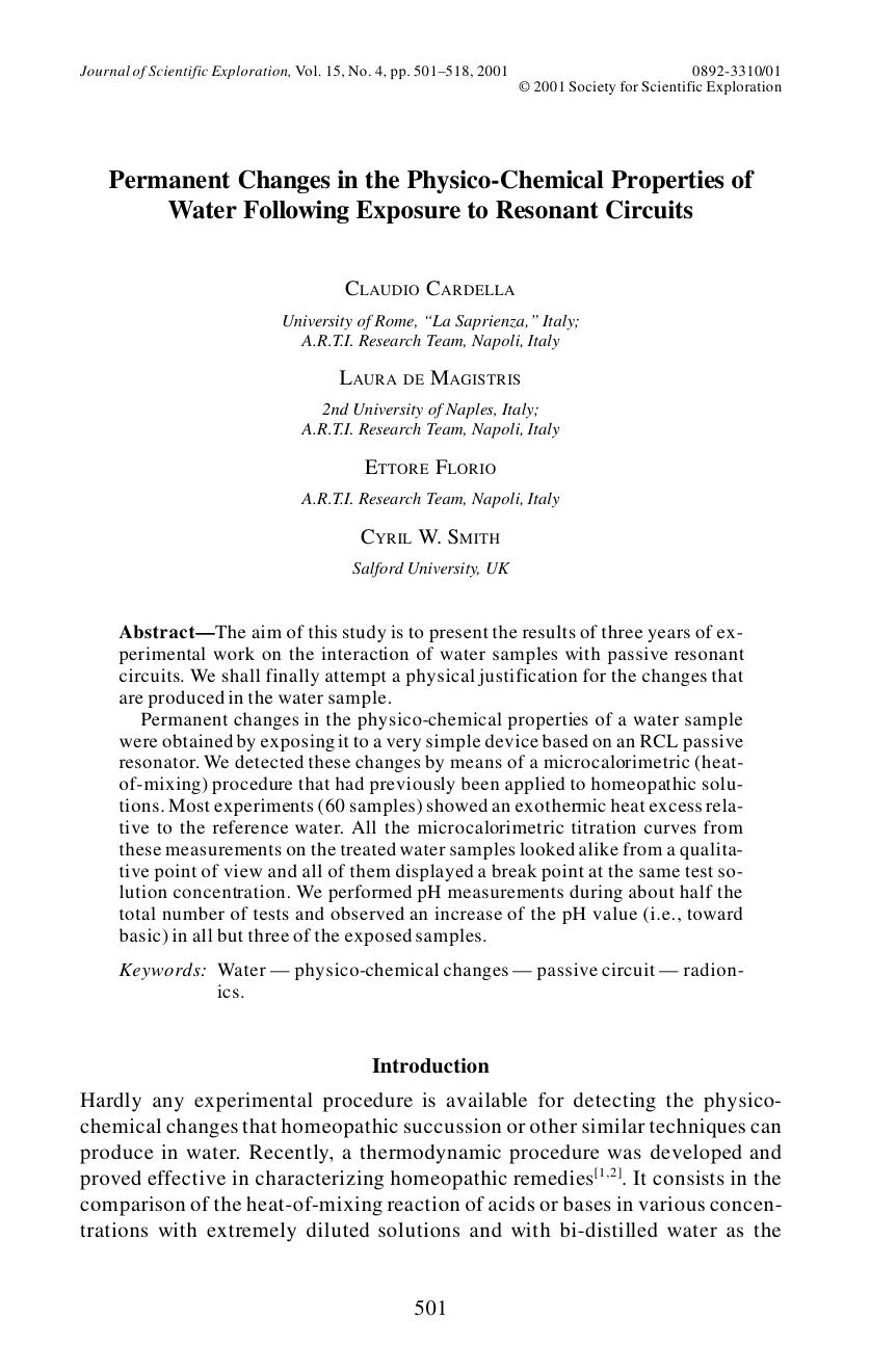 Permanent Changes in the Physico-Chemical Properties of Water Following Exposure to Resonant Circuits by unknow