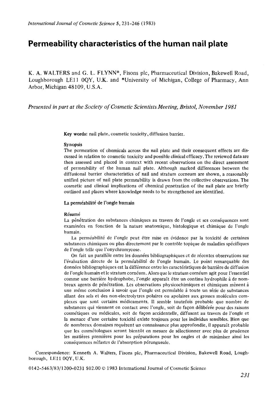 Permeability characteristics of the human nail plate by Unknown