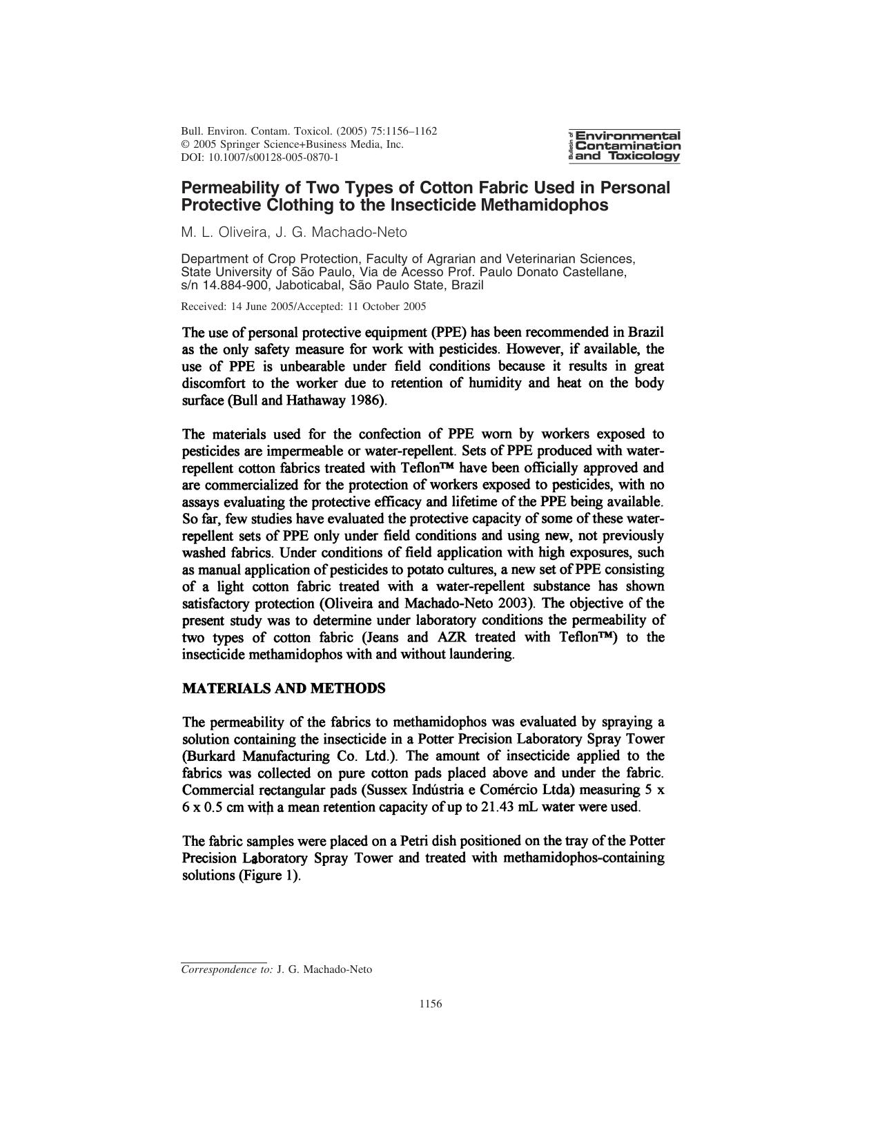 Permeability of Two Types of Cotton Fabric Used in Personal Protective Clothing to the Insecticide Methamidophos by Oliveira & M. L. et al