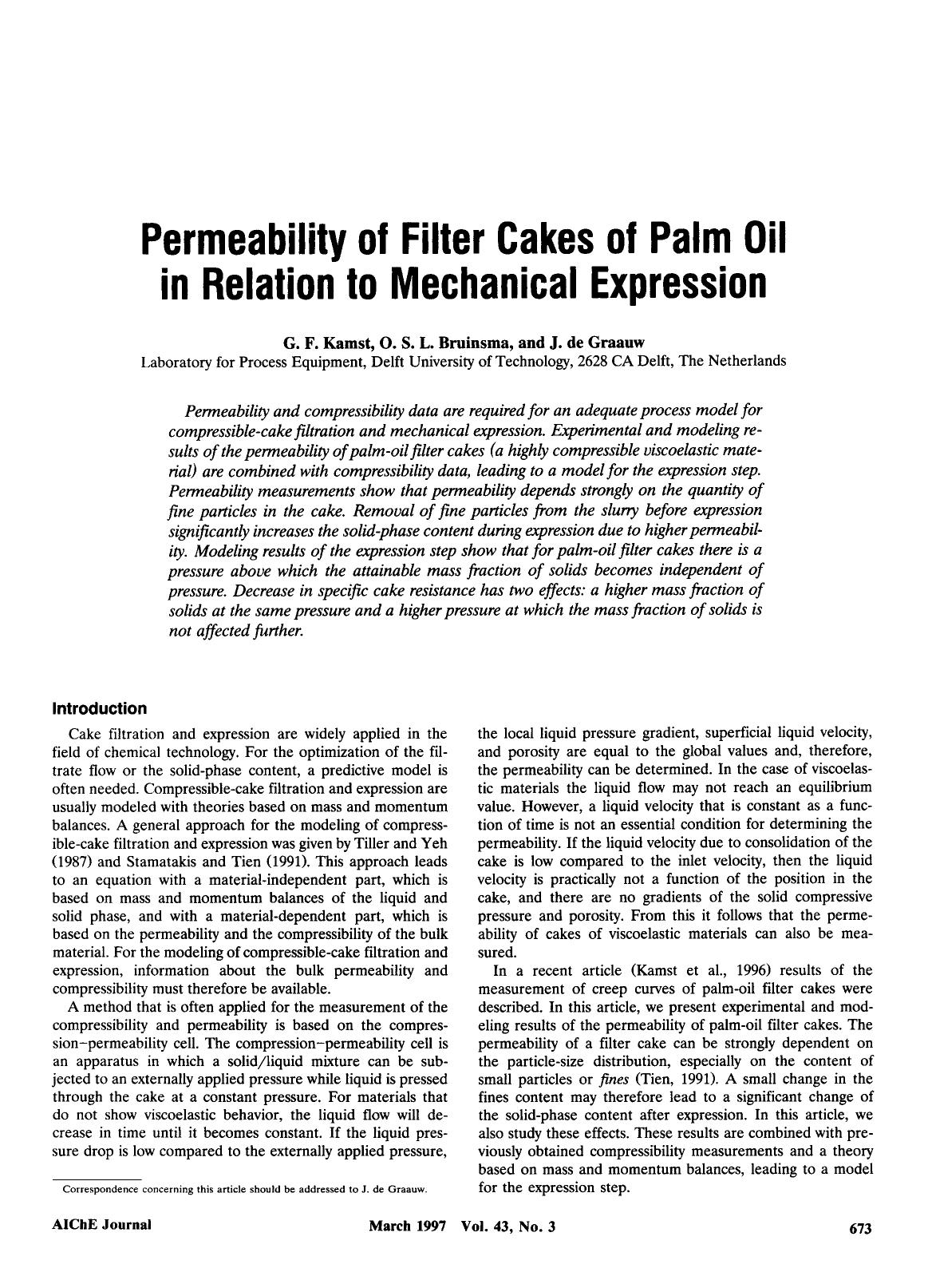 Permeability of filter cakes of palm oil in relation to mechanical expression by Unknown