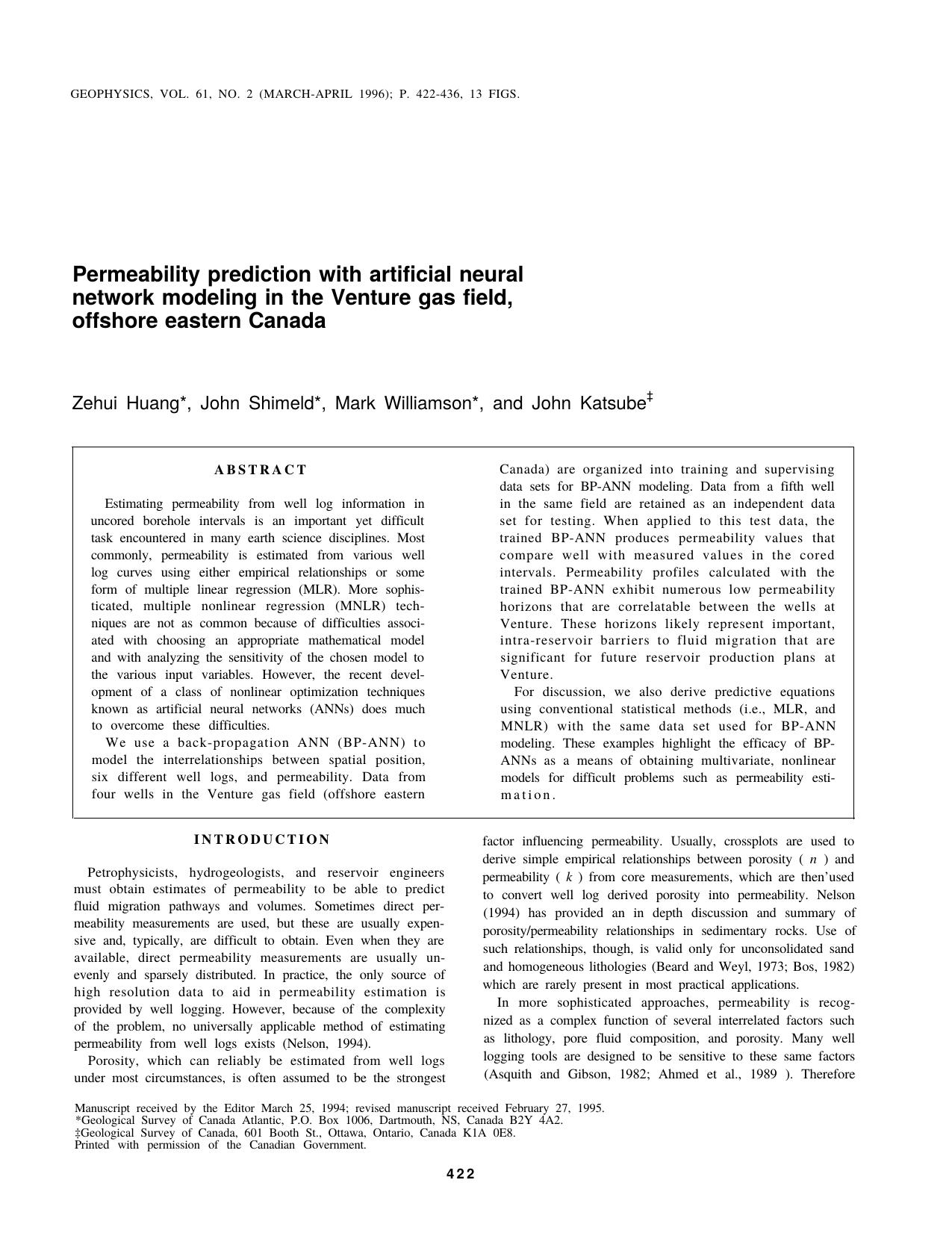 Permeability prediction with artificial neural network modeling in the Venture gas field, offshore eastern Canada by M. Williamson J. Shimeld J. Katsube Z. Huang