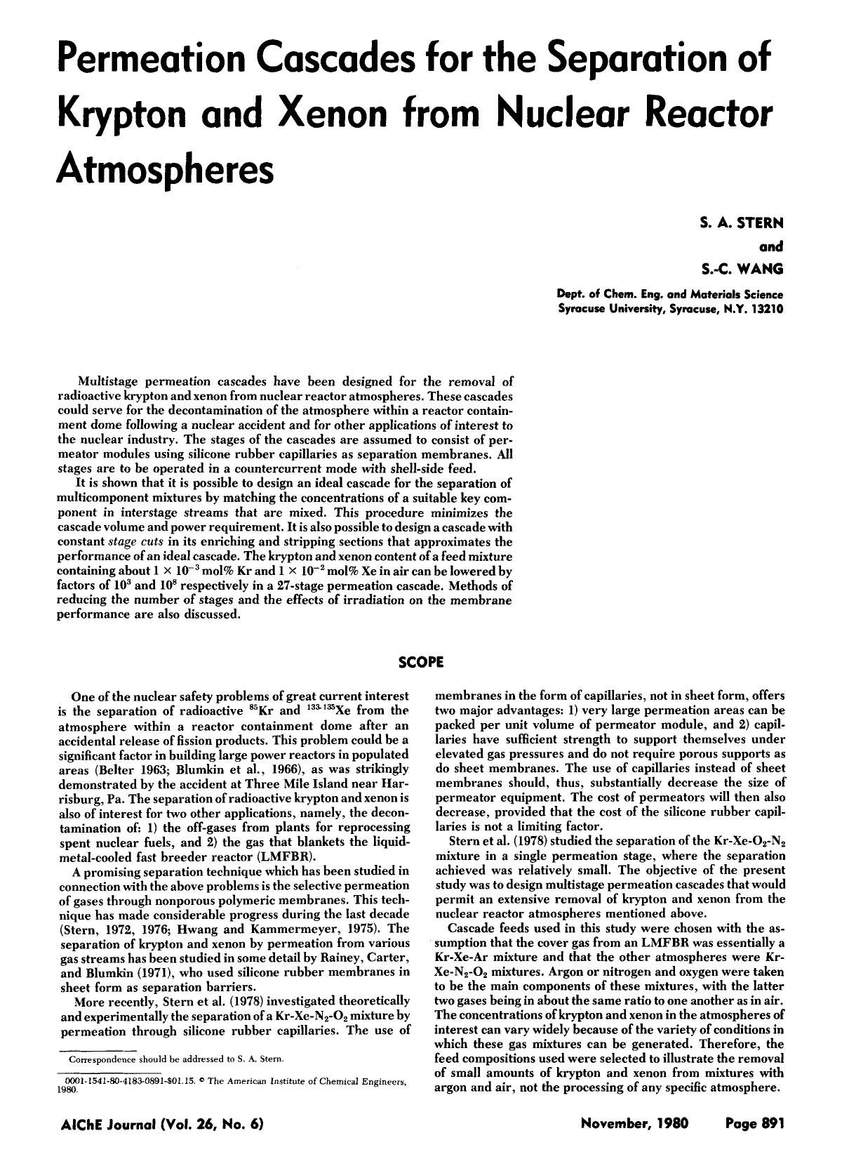 Permeation cascades for the separation of krypton and xenon from nuclear reactor atmospheres by Unknown