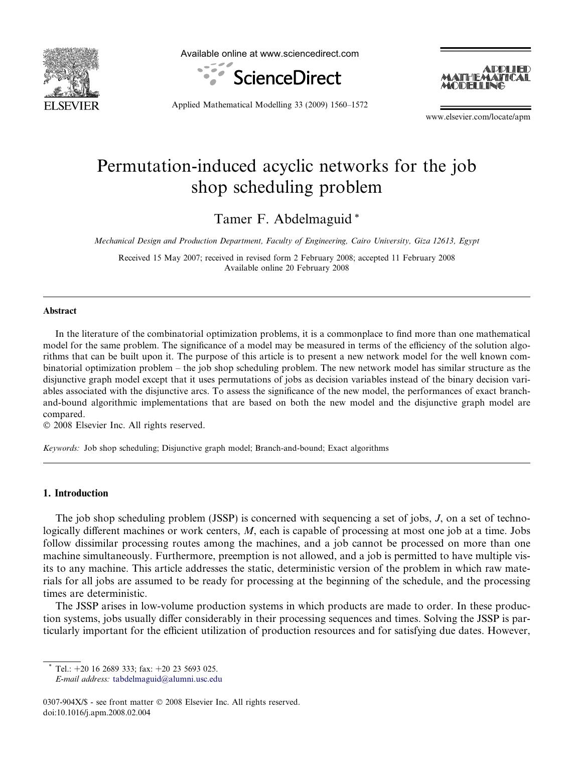 Permutation-induced acyclic networks for the job shop scheduling problem by Tamer F. Abdelmaguid