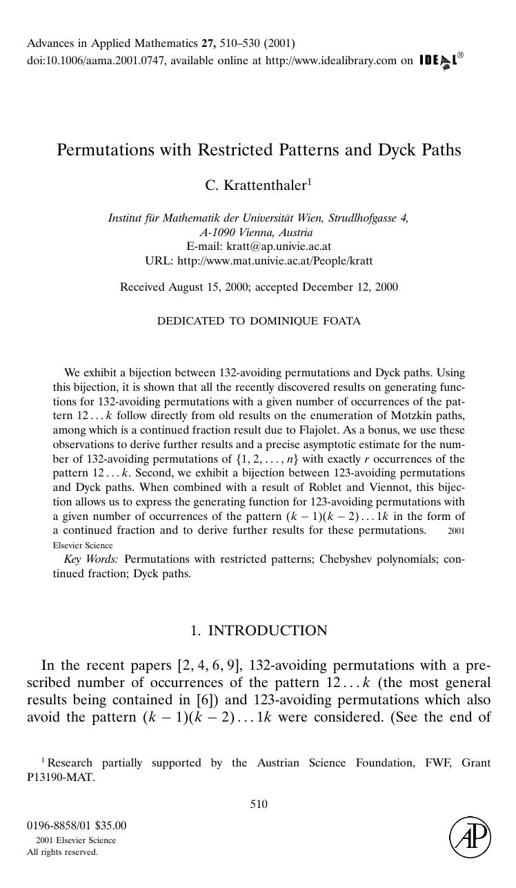 Permutations with Restricted Patterns and Dyck Paths by Krattenthaler C