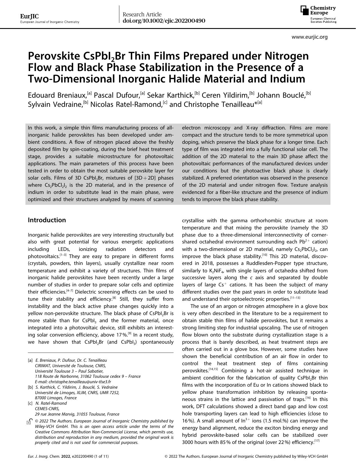 Perovskite CsPbI2Br Thin Films Prepared under Nitrogen Flow and Black Phase Stabilization in the Presence of a TwoâDimensional Inorganic Halide Material and Indium by Unknown
