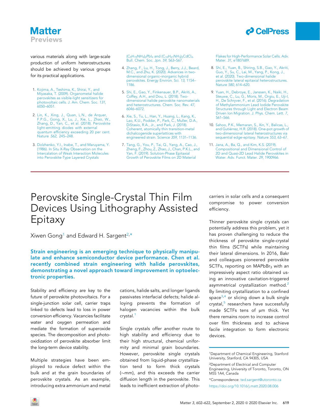 Perovskite Single-Crystal Thin Film Devices Using Lithography Assisted Epitaxy by Xiwen Gong & Edward H. Sargent