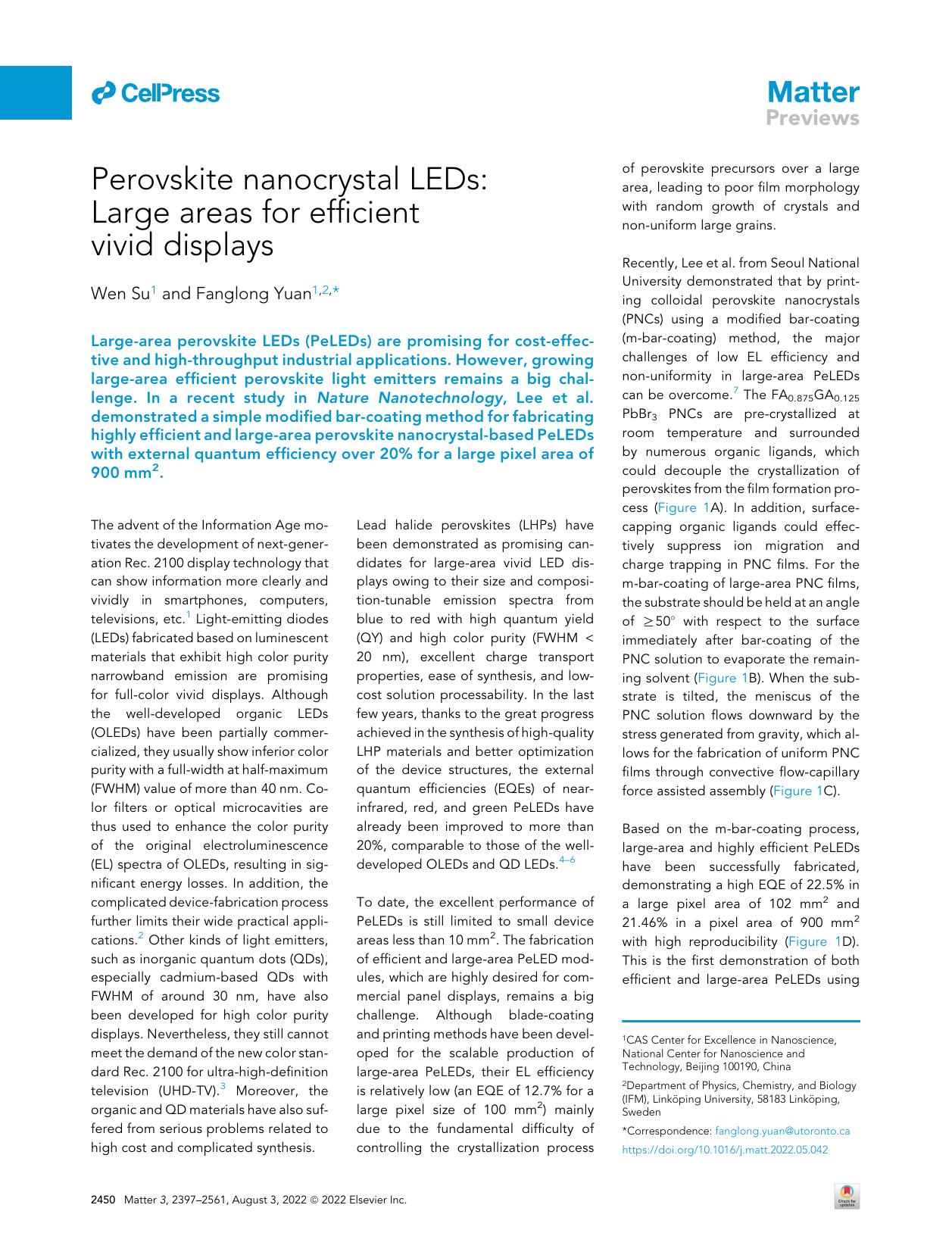 Perovskite nanocrystal LEDs: large-area for efficient vivid displays by Wen Su & Fanglong Yuan