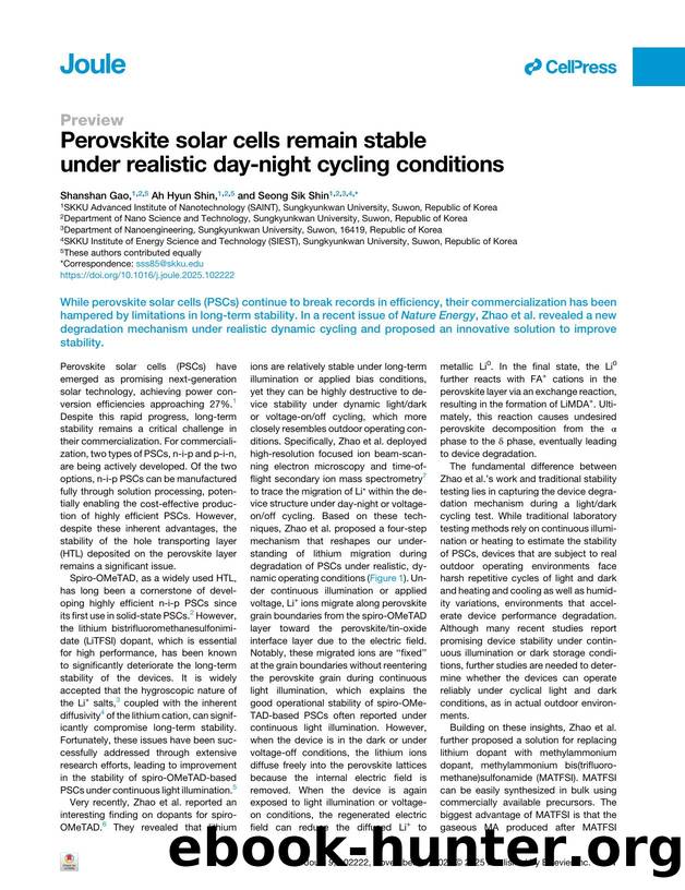 Perovskite solar cells remain stable under realistic day-night cycling conditions by Shanshan Gao & Ah Hyun Shin & Seong Sik Shin