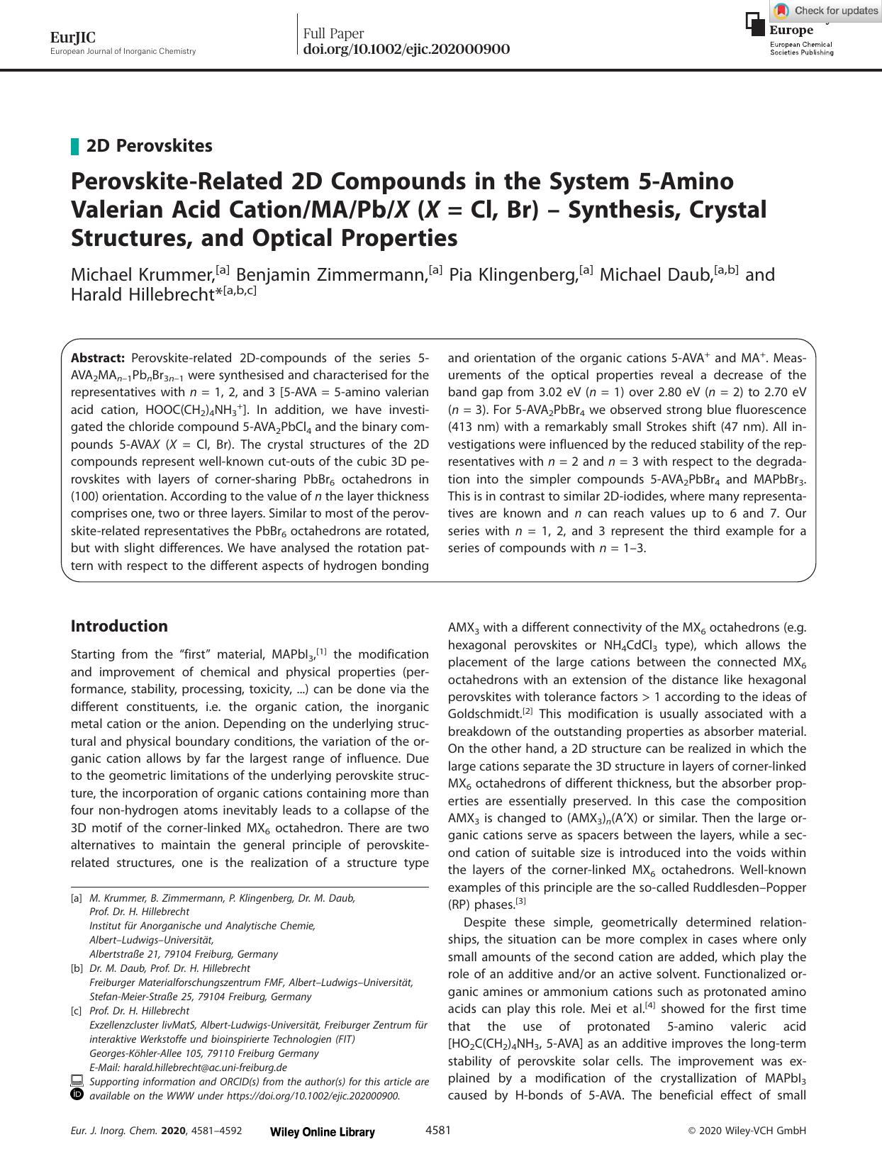 PerovskiteâRelated 2D Compounds in the System 5âAmino Valerian Acid CationMAPbX (X = Cl, Br) â Synthesis, Crystal Structures, and Optical Properties by Unknown