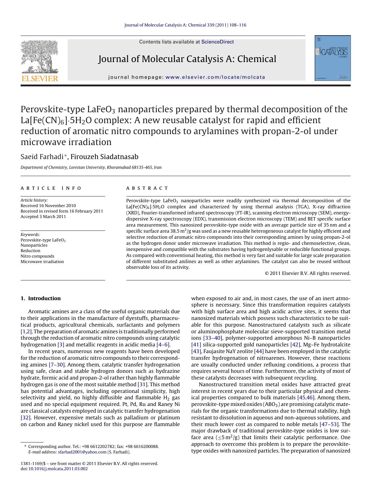 Perovskite-type LaFeO3 nanoparticles prepared by thermal decomposition of the La[Fe(CN)6]ÃÂ·5H2O complex: A new reusable catalyst for rapid and efficient reduction of aromatic nit by Saeid Farhadi