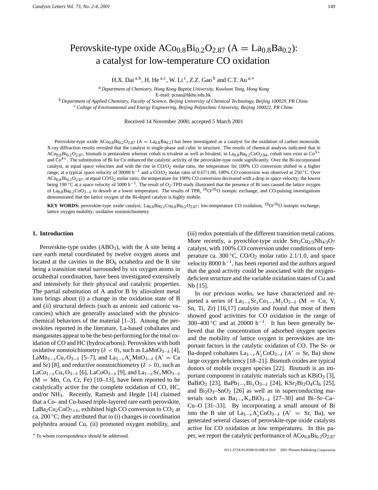 Perovskite-type oxide ACo0.8Bi0.2O2.87 (A=La0.8Ba0.2): a catalyst for low-temperature CO oxidation by Unknown