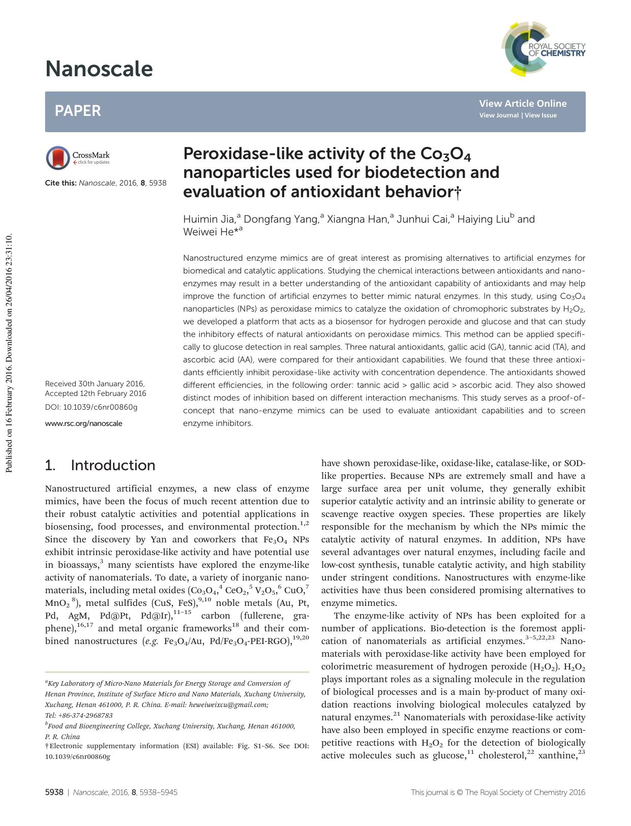 Peroxidase-like activity of the Co3O4 nanoparticles used for biodetection and evaluation of antioxidant behavior by Huimin Jia Dongfang Yang Xiangna Han Junhui Cai Haiying Liu Weiwei He