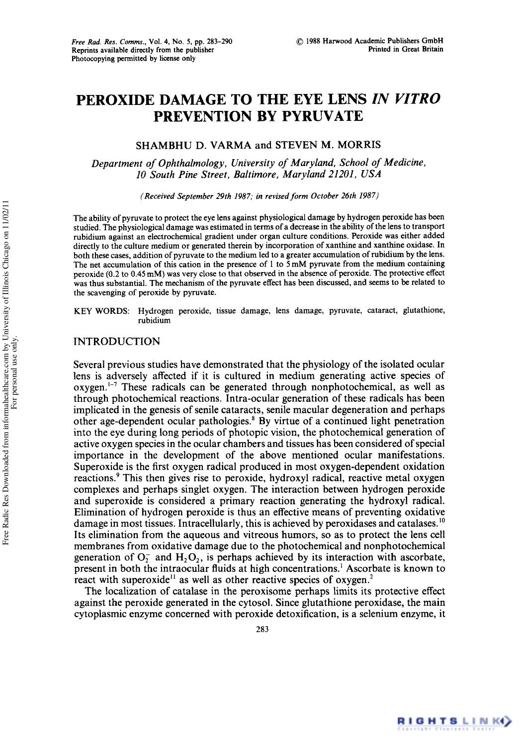 Peroxide Damage to the Eye Lens In Vitro Prevention by Pyruvate by Shambhu D. Varma1 & Steven M. Morris1