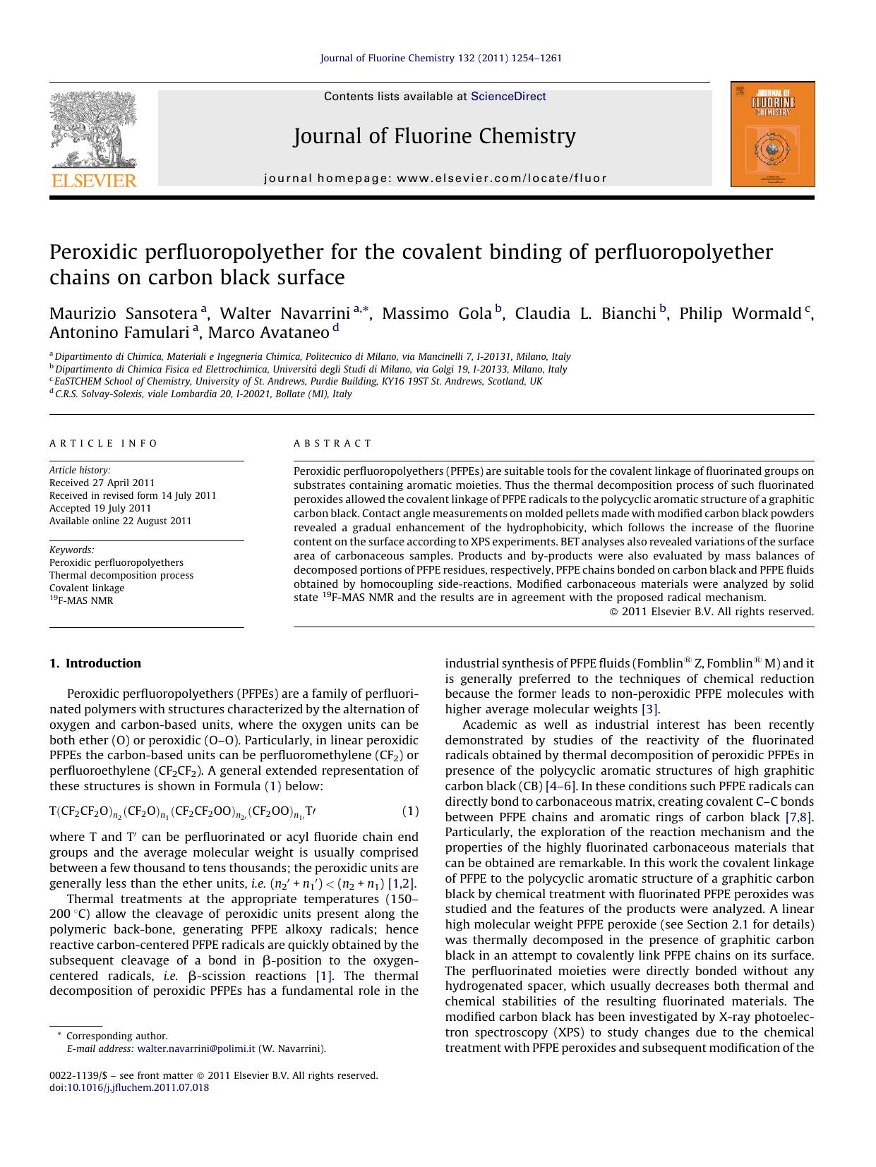 Peroxidic perfluoropolyether for the covalent binding of perfluoropolyether chains on carbon black surface by Maurizio Sansotera