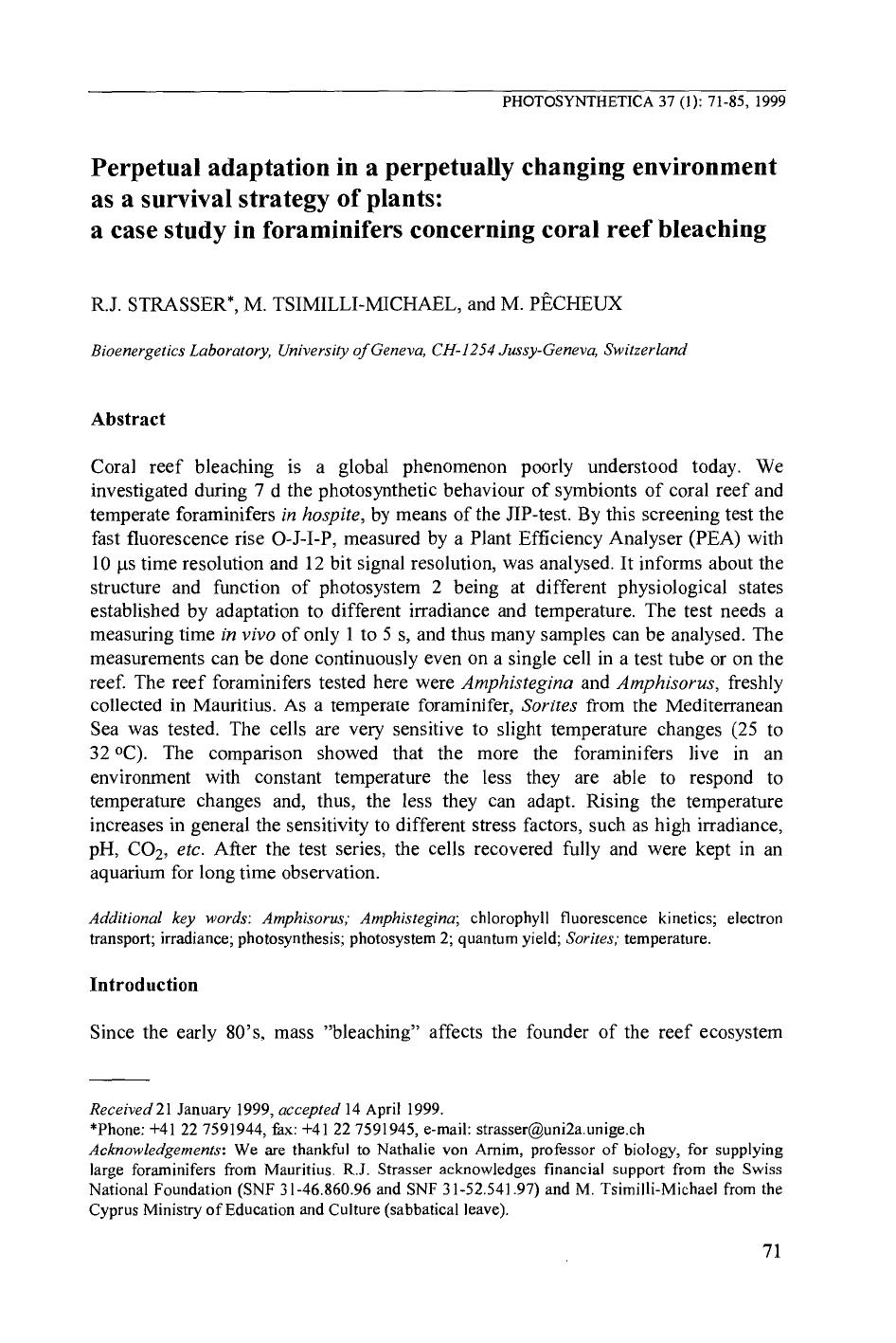 Perpetual Adaptation in a Perpetually Changing Environment as a Survival Strategy of Plants: A Case Study in Foraminifers Concerning Coral Reef Bleaching by Unknown