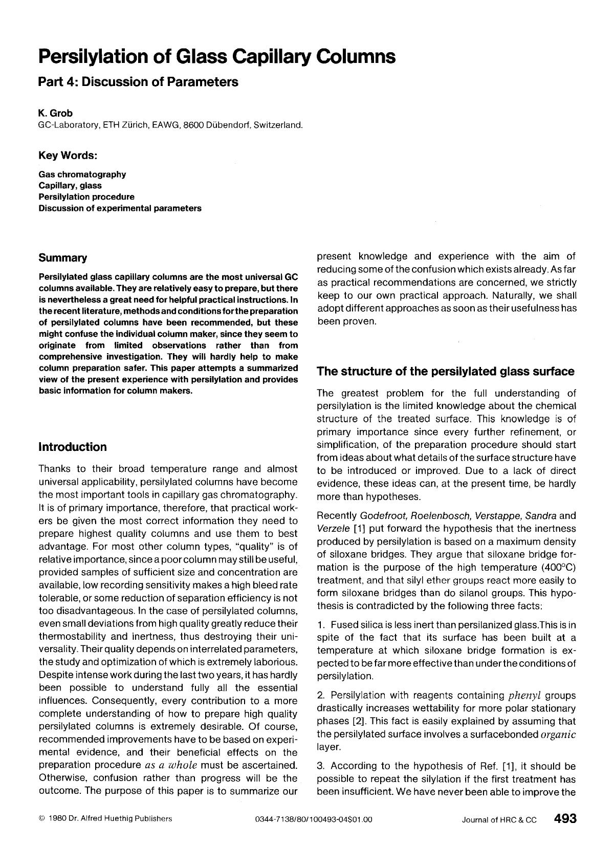 Persilylation of glass capillary columns. Part 4: Discussion of parameters by Unknown