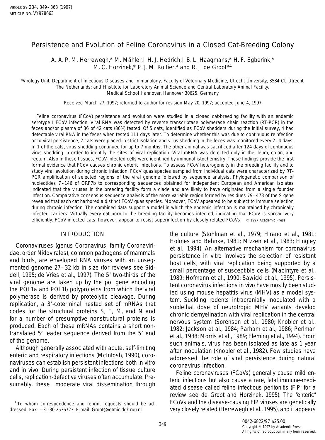 Persistence and Evolution of Feline Coronavirus in a Closed Cat-Breeding Colony by Herrewegh A. A. P. M. et al