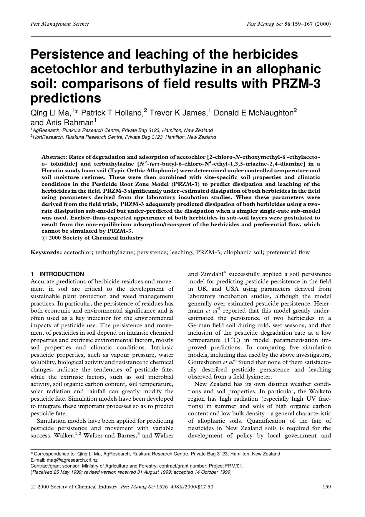 Persistence and leaching of the herbicides acetochlor and terbuthylazine in an allophanic soil: comparisons of field results with PRZM-3 predictions by Unknown