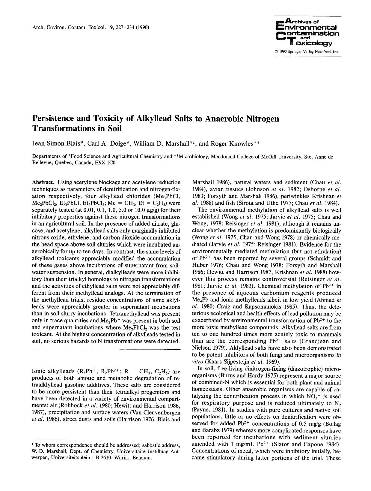 Persistence and toxicity of alkyllead salts to anaerobic nitrogen transformations in soil by Unknown