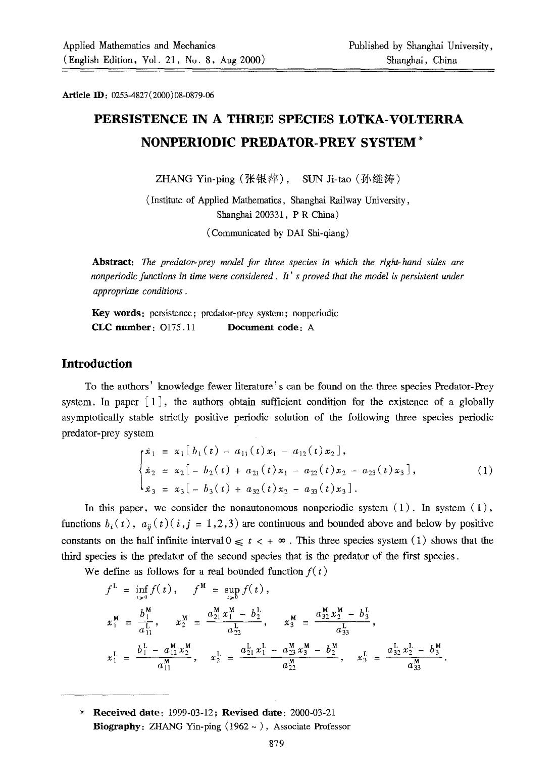 Persistence in a three species Lotka-Volterra nonperiodic predator-prey system by Unknown
